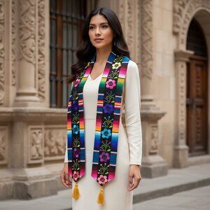 Colorful Embroidered Floral Graduation Stole - Blue Serape